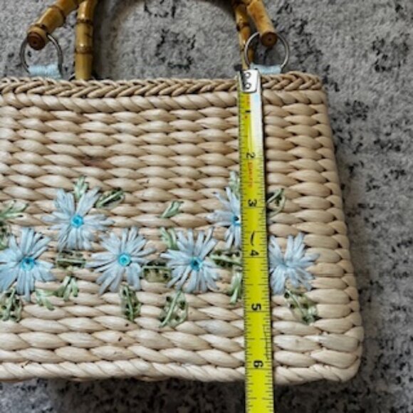 🧡3/15 Straw Bag Bamboo Handles Floral Embroidery Lined Zipper - Picture 4 of 10